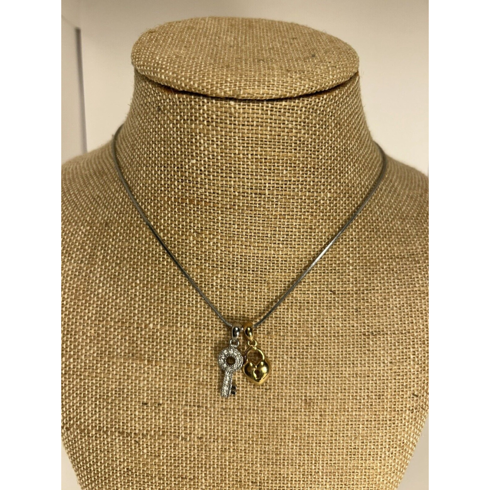 Lia Sophia Signed Crystal Accent Silver Tone Key & Gold Tone Heart Lock Necklace